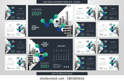 Desk Calendar 2021 template - 12 months included - A5 Size 
