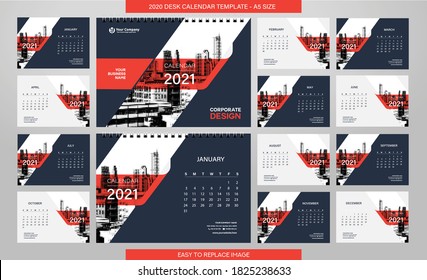 Desk Calendar 2021 template - 12 months included - A5 Size 