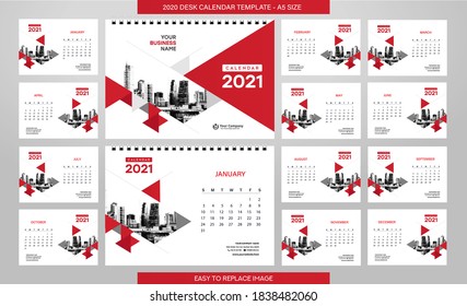 Desk Calendar 2021 template - 12 months included - A5 Size 