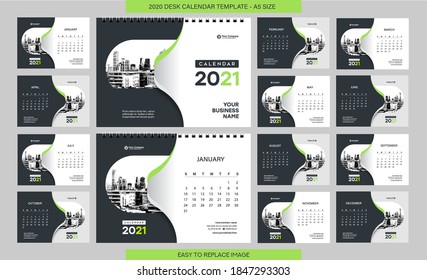 Desk Calendar 2021 template - 12 months included - A5 Size 