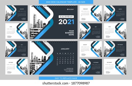 Desk Calendar 2021 template - 12 months included - A5 Size 