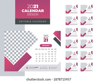 Desk Calendar 2021 template - 12 months included - A5 Size monthly colorful desk calendar template