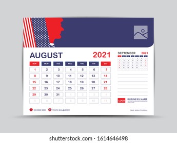 Desk calendar 2021 template, August Page vector for calendar 2021 template, Week starts on Monday, Can be use Place for Photo and Company Logo. Usa flag background concept.