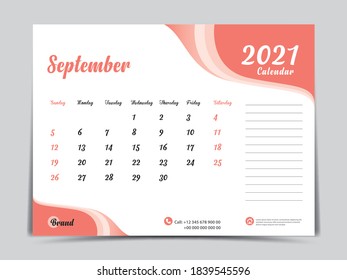 Diseño creativo de plantilla de Calendario de Escritorio 2021, septiembre de 2021 mes, Simple, planificador, Semana comienza el domingo. vector eps10. Fondo abstracto naranja