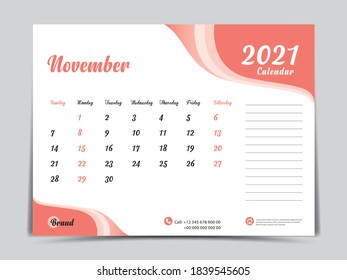 Desk Calendar 2021 template creative design, November 2021 month, Simple, planner, Week starts from Sunday. vector eps10. Orange abstract background, wall calendar 2021
