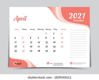Desk Calendar 2021 template creative design, April 2021 month, Simple, planner, Week starts from Sunday. vector eps10. Orange abstract background, wall calendar 2021