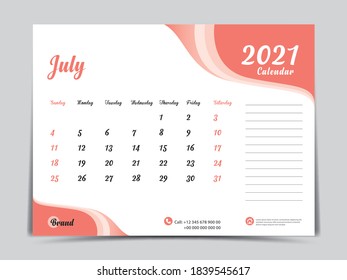 Desk Calendar 2021 template creative design, July 021 month, Simple, planner, Week starts from Sunday. vector eps10. Orange abstract background, wall calendar 2021
