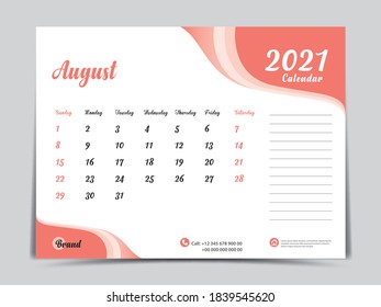 Diseño creativo de plantilla de Calendario de Escritorio 2021, Agosto de 2021 mes, Simple, planner, Semana comienza el domingo. vector eps10. Fondo abstracto naranja