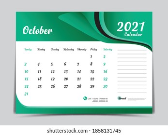 Desk Calendar 2021 template creative design, October 2021 month, Simple, planner, Week starts from Sunday. vector eps10. Green abstract background