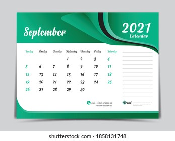Desk Calendar 2021 Vorlage kreatives Design, September 2021 Monat, Einfach, Planer, Woche beginnt am Sonntag. Vektor eps10. Grüner abstrakter Hintergrund