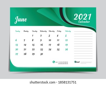 Desk Calendar 2021 template creative design, June 2021 month, Simple, planner, Week starts from Sunday. vector eps10. Green abstract background