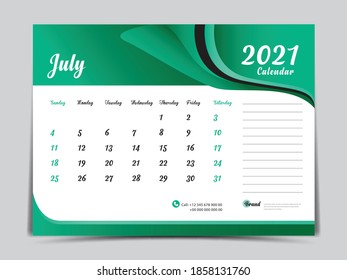 Desk Calendar 2021 template creative design, July 2021 month, Simple, planner, Week starts from Sunday. vector eps10. Green abstract background