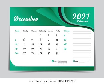 Diseño creativo de plantilla de Calendario de Escritorio 2021, diciembre de 2021 mes, Simple, planificador, Semana comienza el domingo. vector eps10. Fondo abstracto verde