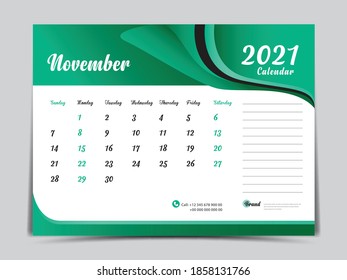 Desk Calendar 2021 template creative design, November 2021 month, Simple, planner, Week starts from Sunday. vector eps10. Green abstract background
