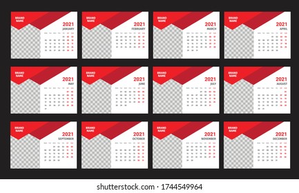 Desk Calendar 2021 template design vector, Calendar 2021,cover design, Set of 12 Months, Week starts Monday, Stationery design,  calendar planner
