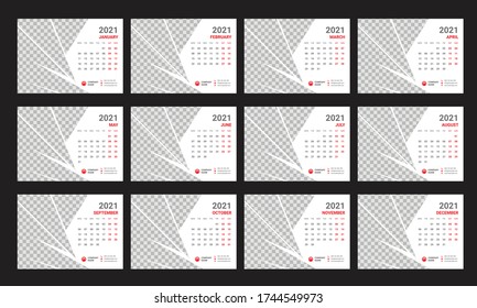 Desk Calendar 2021 template design vector, Calendar 2021,cover design, Set of 12 Months, Week starts Monday, Stationery design,  calendar planner