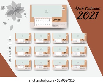 Desk calendar 2021 template design Set of 12 Months, Week starts Monday, corporate calendar, week variation, multiple purpose new year calendar, illustration.