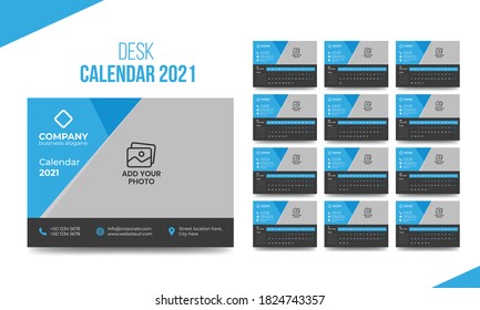 Desk calendar 2021 template. Editable Modern & Creative 2021 Desk Calendar Design. Set of 12 pages calendar.