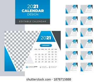 Desk Calendar 2021 Vorlage, Bearbeitbar 2021 Desk Kalender mit blau. Moderner und kreativer Neujahrskalender