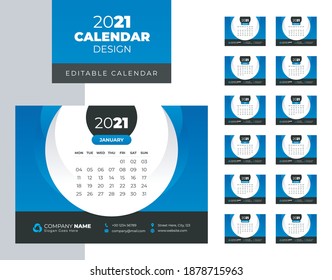 Desk Calendar 2021 Template, Editable 2021 Desk Calendar with blue. Modern and Creative New year Calendar