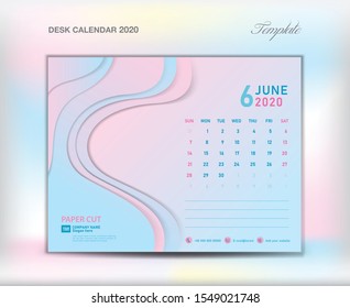 Desk Calendar 2021 template on paper cut abstract background, JUNE 2020, vector illustration, Week starts Sunday, planner, month artwork, printing media, trendy pastel color, creative idea artwork