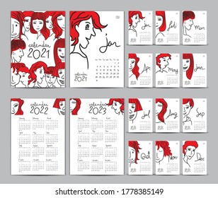 Desk calendar 2021 template set, Calendar 2022-2023, Lettering calendar, hand-drawn cartoon hipster people vector illustration Can be used for postcard, gift card, banner, poster and printable 