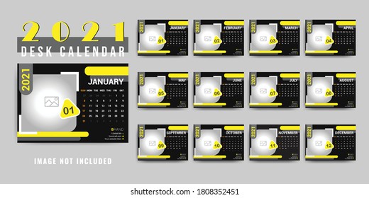 Desk calendar 2021 template  with set of 12 Months, Black, white & Yellow cover design, Black background, minimal table, Week starts on Sunday, Corporate business and Stationery design
