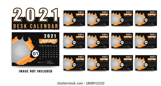 Plantilla de calendario de escritorio 2021 con conjunto de 12 meses, diseño de cubierta negro, blanco y naranja con orificio desgarrado, plantilla de degradado, fondo negro, tabla mínima, semana comienza el domingo, diseño de estacionería empresarial