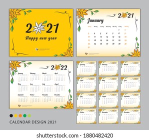 Desk Calendar 2021 template set, flower concept, Calendar 2021-2022, Happy new year 2021 year, Wall calendar design, Planner, Week Start On Sunday, Stationery, Printing, advertisement, Yellow cover