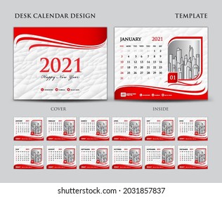 Desk calendar 2021 template set, Cover design red, background, wall calendar 2021 design, planner, calendar date, simple, Week starts on Sunday, set of 12 calendar, advertisement, Business Vector.