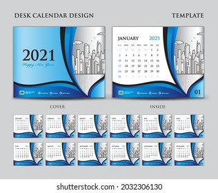 Desk calendar 2021 template set, Cover design Blue wave background, wall calendar 2021 design, planner, calendar date, simple, Week starts on Sunday, set of 12 calendar, advertisement, Vector