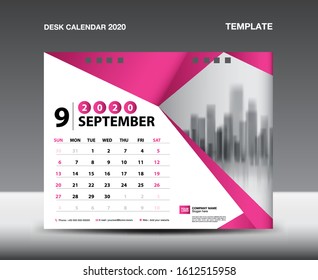 Desk Calendar 2021 Template vector, SEPTEMBER 2020, Week starts Sunday, Stationery design, flyer design vector, printing media creative idea design. Pink polygonal background concept, publication