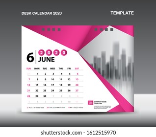 Desk Calendar 2021 Template vector, JUNE 2020, Week starts Sunday, Stationery design, flyer design vector, printing media creative idea design. Pink polygonal background concept, publication