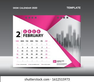 Desk Calendar 2021 Template vector, FEBRUARY 2020, Week starts Sunday, Stationery design, flyer design vector, printing media creative idea design. Pink polygonal background concept, publication