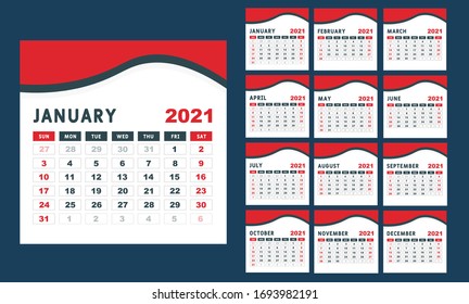 Desk Calendar 2021 template Vector. Week Start On Sunday, Planner, Stationery, Printing, advertisement, Cover template. Set of 12 Months. Ready for print.