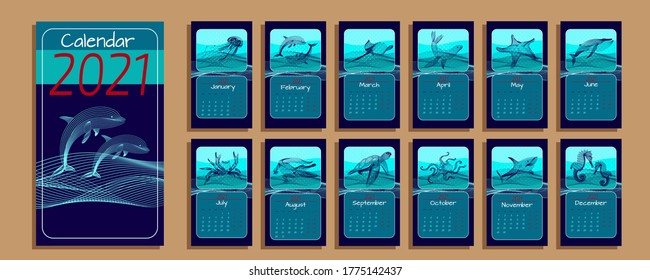 Desk calendar 2021. Vector design template with illustrations of sea animals - seal, whale, dolphin, crocodile, shark, turtle, crab; starfish; sea horse; jellyfish; cramp; octopus. Set of 12 months. 