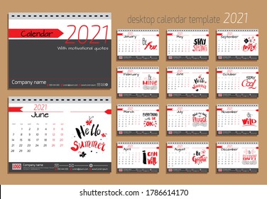 Calendario de la mesa 2021. Plantilla de diseño de vectores con citas motivacionales. Conjunto de 12 meses.