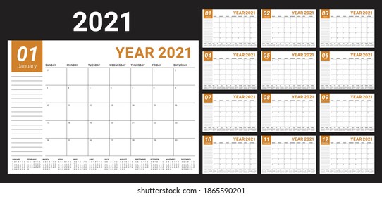 Ilustración vectorial de calendario 2021, diseño sencillo y limpio. 
