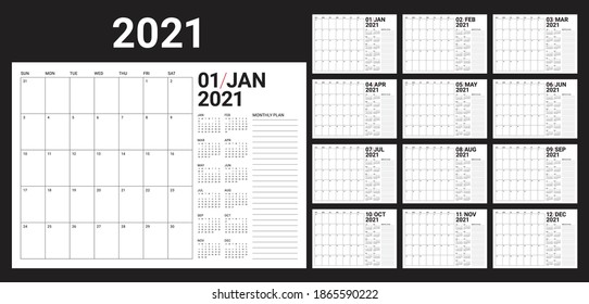 Ilustración vectorial de calendario 2021, diseño sencillo y limpio. 
