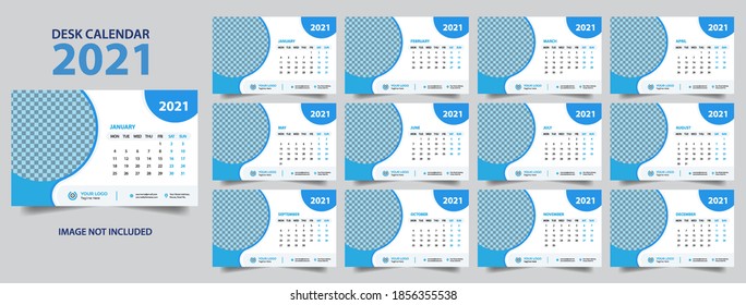 Desk calendar for 2021 year in clean minimal style. Corporate design planner template. Week Starts on Sunday. Set of 12 Months. Ready for print.trendy background, vector layout, printing media, ads.