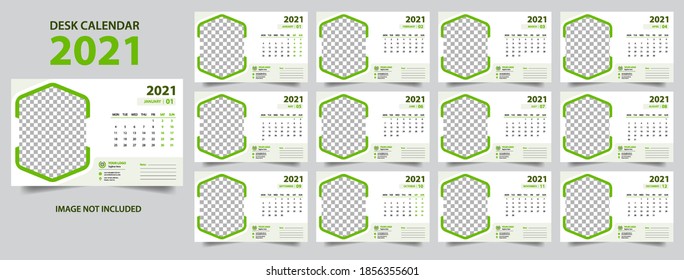 Desk calendar for 2021 year in clean minimal style. Corporate design planner template. Week Starts on Sunday. Set of 12 Months. Ready for print.trendy background, vector layout, printing media, ads.