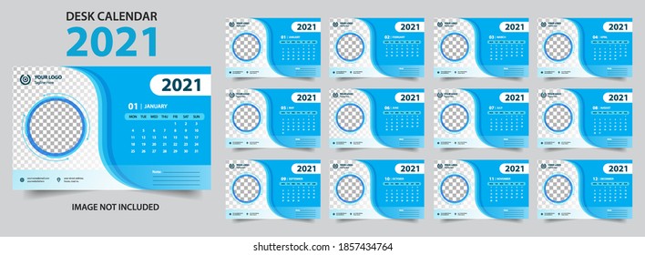 Desk calendar for 2021 year in clean minimal style. Corporate design planner template. Week Starts on Sunday. Set of 12 Months. Ready for print.trendy background, vector layout, printing media, ads.
