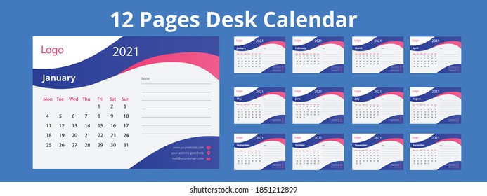 Desk calendar for 2021 year. Corporate design planner template. Week Starts on Monday. Set of 12 Months. Ready for print.
