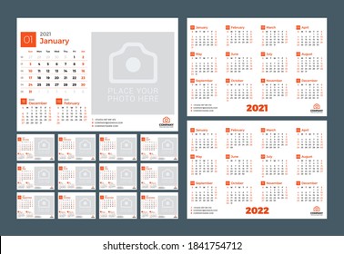 Desk calendar for 2021 year. Vector design print template with place for photo. Week starts on Sunday. 12 pages