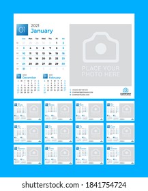 Desk calendar for 2021 year. Vector design print template with place for photo. Week starts on Sunday. 12 pages
