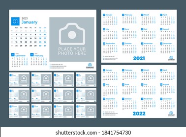 Desk calendar for 2021 year. Vector design print template with place for photo. Week starts on Monday. 12 pages