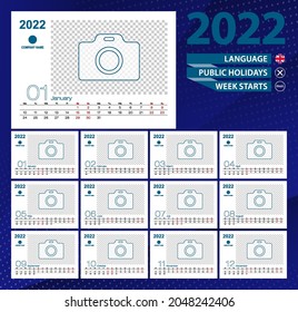 Desk calendar 2022, 2 week grid in English. Place for photo for illustration. Vector template.