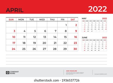 Desk Calendar 2022 design, April 2022 template, week start on sunday, Planner design, Wall calendar layout, stationery, Desk office, organizer office, vector eps10