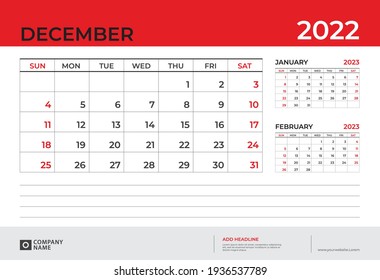 Desk Calendar 2022 design, December 2022 template, week start on sunday, Planner design, Wall calendar layout, stationery, Desk office, organizer office, vector eps10