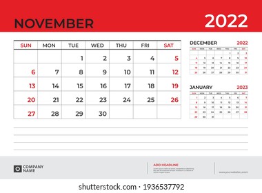 Desk Calendar 2022 design, November 2022 template, week start on sunday, Planner design, Wall calendar layout, stationery, Desk office, organizer office, vector eps10